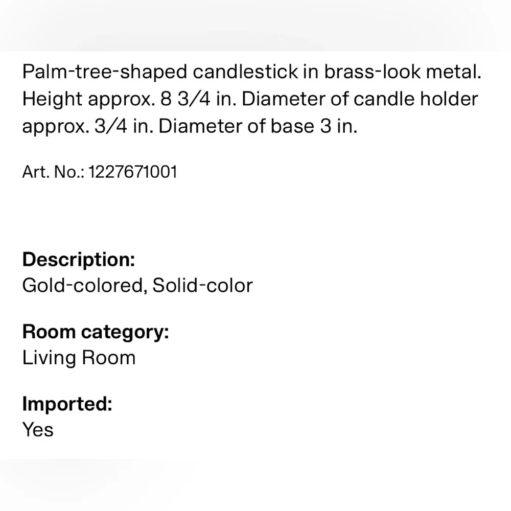 H&M GOLD COLORED PALM TREE CANDLESTICK NEW